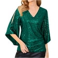 thumbnail image 1 of yoeyez Women's Sequin Tops 3/4 Length Sleeve Womens Top V-Neck Cut-out Shiny Blouse Glitter Sparkly Dressy Tops for Evening Party Green S, 1 of 7