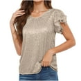 thumbnail image 1 of yoeyez Women's Sequin Tops 3/4 Length Sleeve Womens Top V-Neck Cut-out Shiny Blouse Glitter Sparkly Dressy Tops for Evening Party Khaki S, 1 of 7