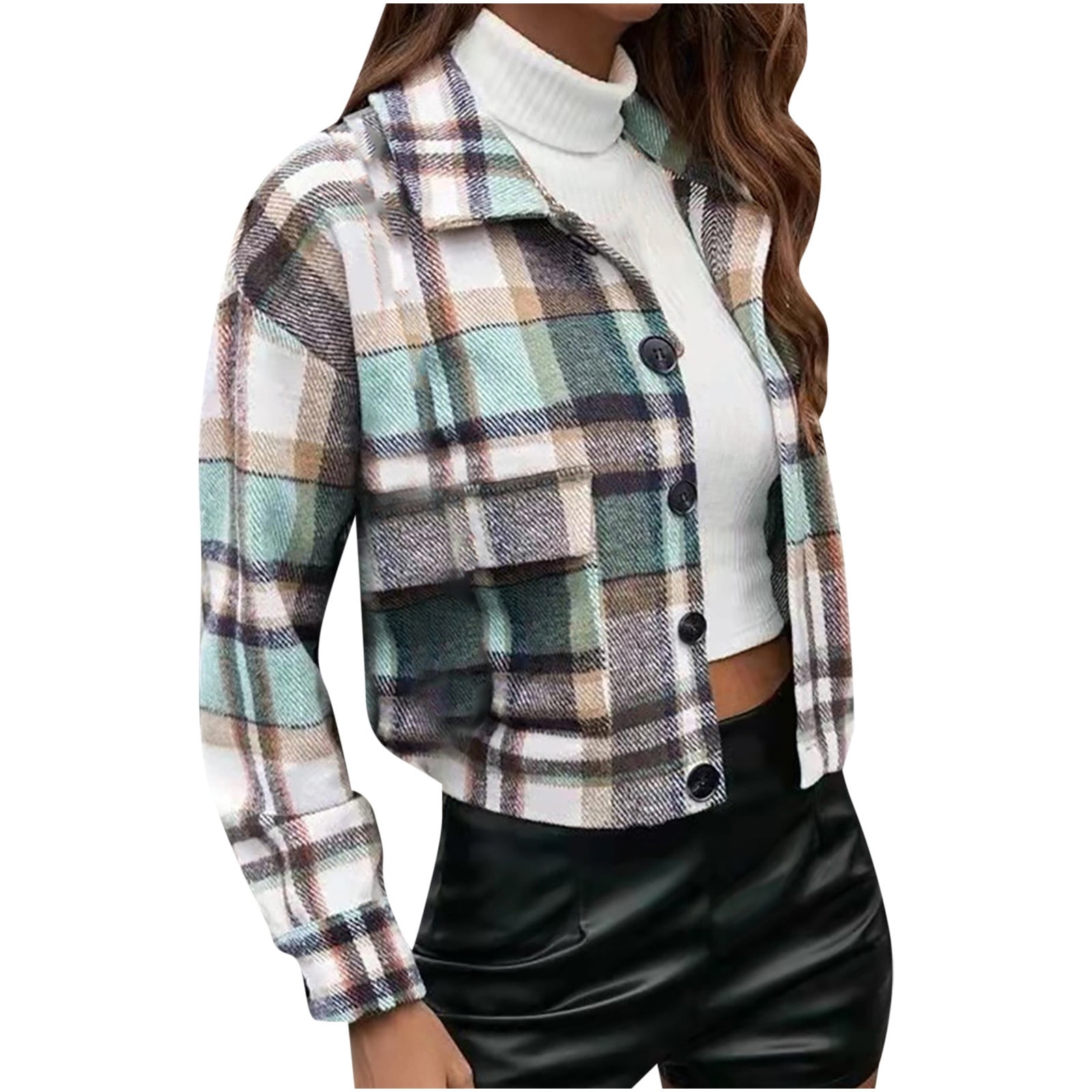 yoeyez Women's Short Plaid Shirt Jacket Shacket Turn Down