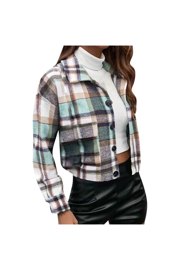 Women's Short Plaid Shirt Jacket Shacket Turn Down Button Fall Coat Cardigan Tartan Flannel Trench Outerwear Tops