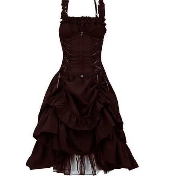 yoeyez Women’s Vintage Gothic Dress Spaghetti Strap Bandage Dresses Floral Lace High Low Corset Dress Plus Size Lolita Vintage Costumes Wine,M