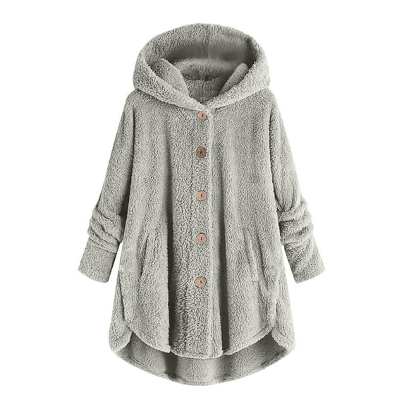 yoeyez Women's Winter Faux Fur Coats Long Sleeve Button Down Hooded Jacket with Pockets Fleece Sherpa Teddy Coat Casual Trendy Outerwear Women's Coats for Winter Clearance Gray M