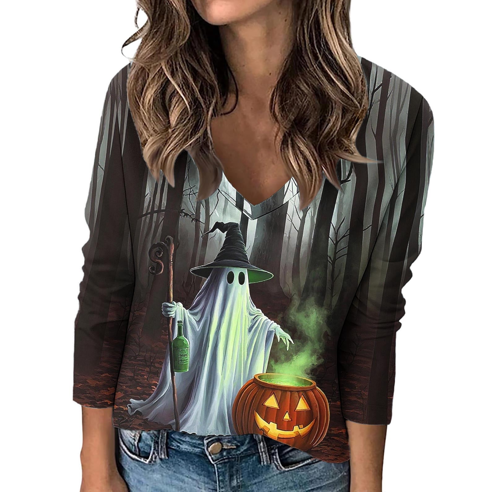Globalization Orange yoeyez Women's Witch Graphic Print 3/4 Sleeve V Neck Tops Blouses ...