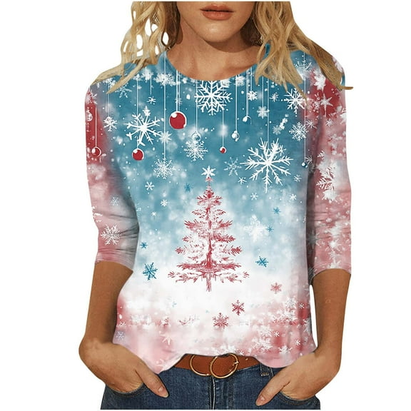 yoeyez Womens 3/4 Sleeve Christmas T-Shirts Crew Neck Merry Christmas Tops Funny Xmas Tree Graphic Tee Tops Long Sleeve Holiday Pullover