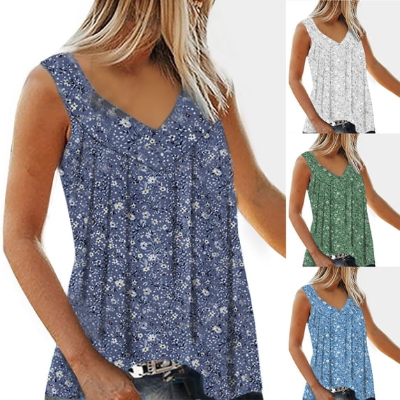 yoeyez Womens Blouses Dressy Casual,Womens Camisole Tank Tops Women's Floral V Neck Sleeveless Shirts Cute Flowy Pleated Tee Light Blue,S