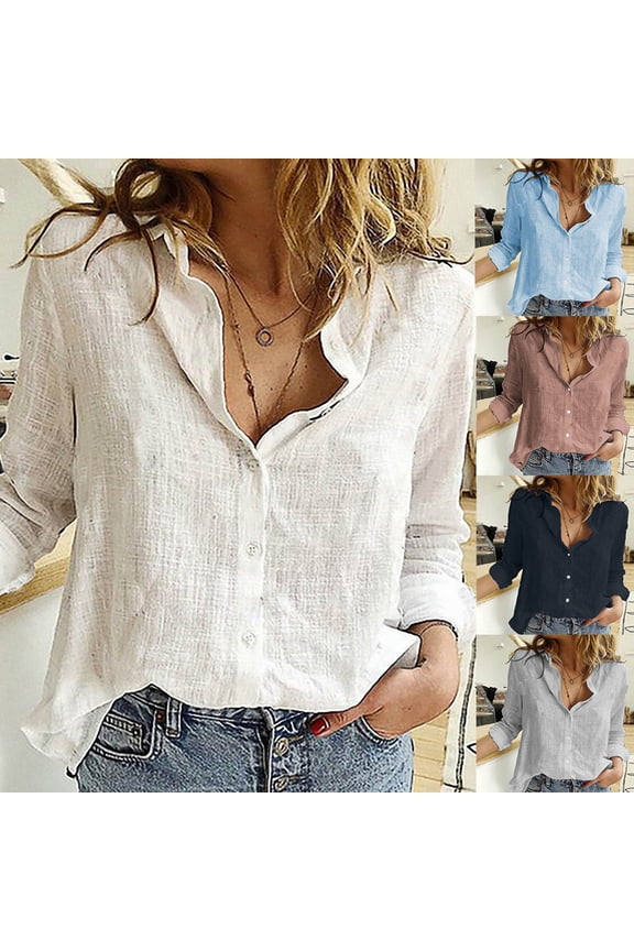 Womens Button Down Blouses Shirts linen Roll Up Sleeve Gauze Loose Fit Collared Casual Tops Fashion Summer 2025 Shirt Blue,S