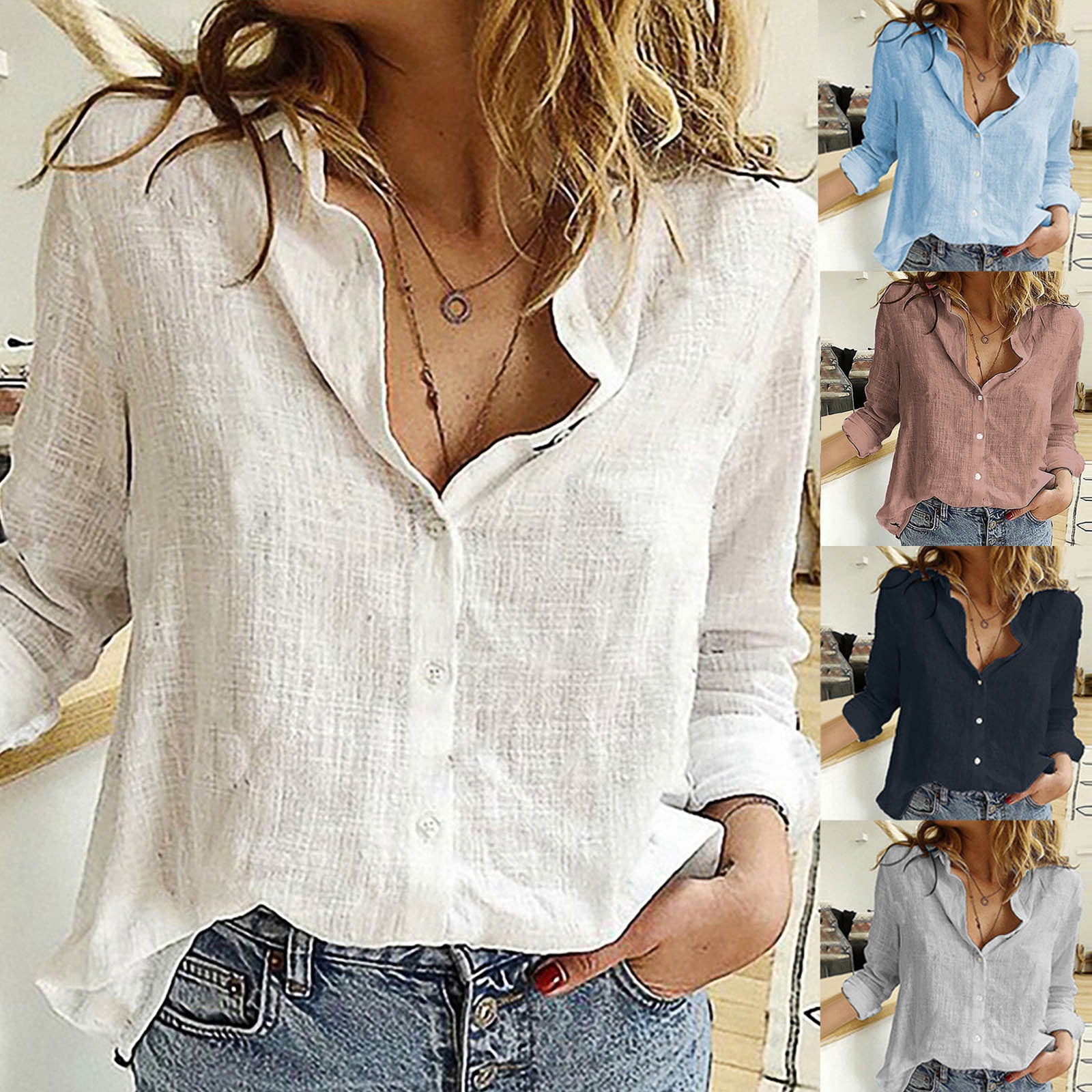 yoeyez Womens Button Down Blouses Shirts linen Roll Up Sleeve Gauze ...