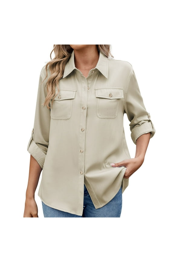 Womens Button Down Dress Shirts Blouse uv Sun Protection Safari Long Sleeve Collared Cargo Shirt Outdoor Cool Quick Dry Fishing Shirts White,M