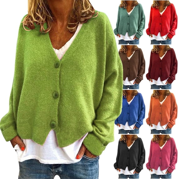 yoeyez Womens Cardigan Sweaters Open Front Long Sleeve Cardigan Cropped Button Down V-Neck Knit Sweater Coats Orange,S