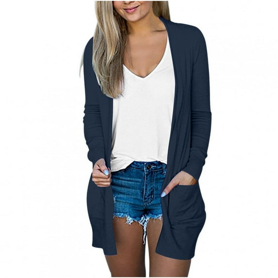 yoeyez Womens Cardigans Lightweight Open Front Cardigan Shirt with Pockets Long Sleeve Casual Shrugs Oversized Loose Outwear Coat Navy XL