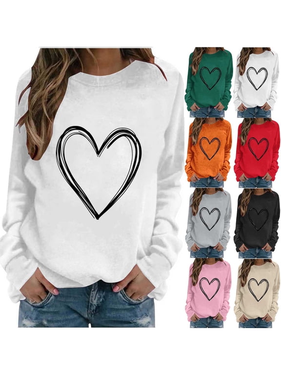 Womens Casual Heart Graphics Shirt Funny Valentine Sweatshirts Long Sleeve Crew Neck T-shirts Loose Casual Holiday Shirts