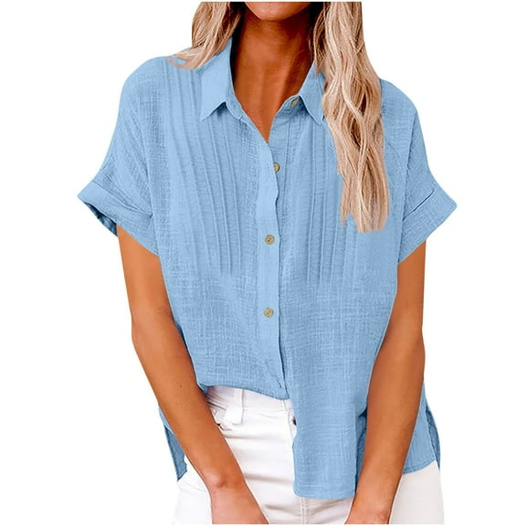yoeyez Womens Cotton Linen Button Down Shirts Long Sleeve Lapel Solid Color Tops Breasted Pleated Casual Shirt Top with Pockets Blue S