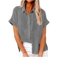 thumbnail image 1 of yoeyez Womens Cotton Linen Button Down Shirts Long Sleeve Lapel Solid Color Tops Breasted Pleated Casual Shirt Top with Pockets Gray S, 1 of 6