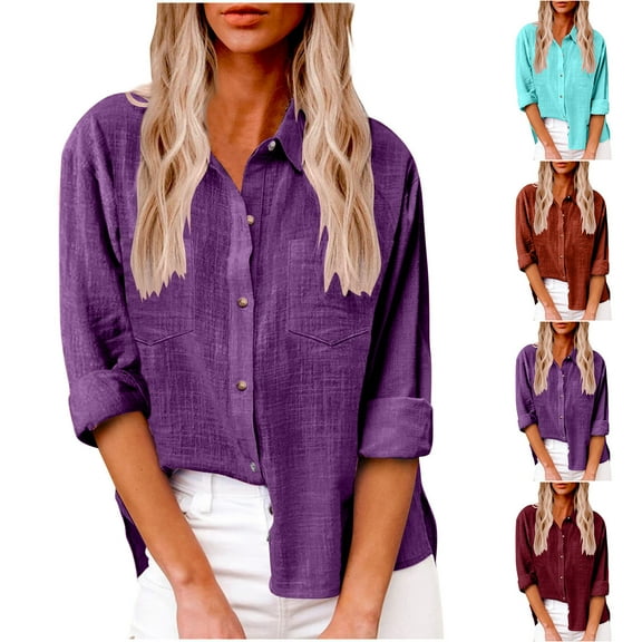 yoeyez Womens Cotton Linen Button Down Shirts Shirt fall Long Sleeve Laple Neck Lightweight Loose Gauze Blouse with Pockets Wine,XL