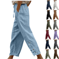 thumbnail image 1 of yoeyez Womens Cotton Linen Capris Pants Straight Leg Embroidery Cropped Pant Summer Fashion Baggy Elastic Waist Pants with Pockets Black,S, 1 of 7