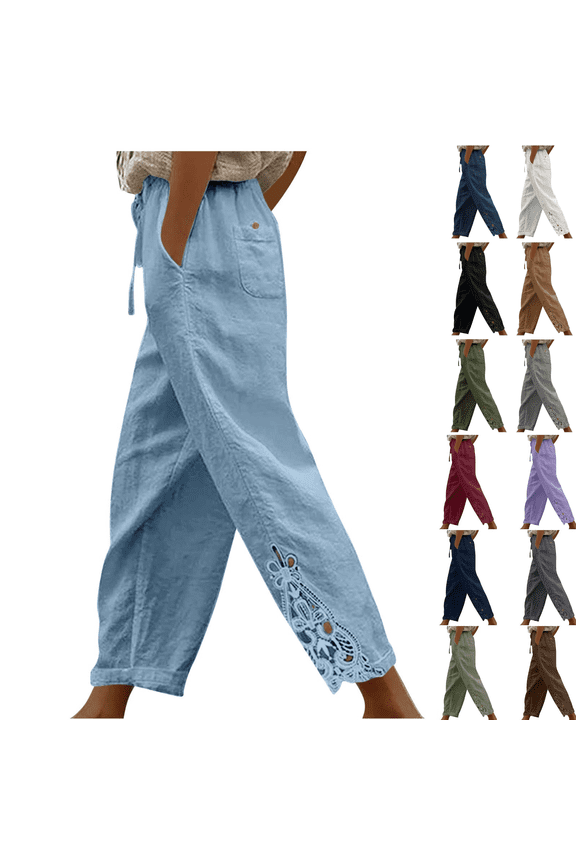 Womens Cotton Linen Capris Pants Straight Leg Embroidery Cropped Pant Summer Fashion Baggy Elastic Waist Pants with Pockets Gray,L