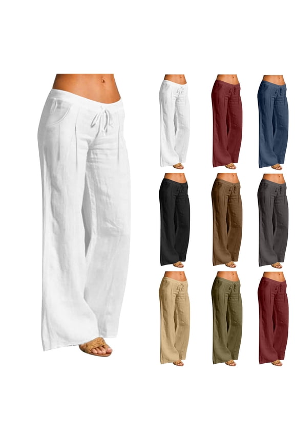 Womens Cotton Linen Palazzo Pants Summer Casual Drawstring Pant Flowy Wide Leg Beach Trousers with Pockets White,M