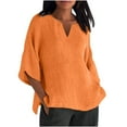 thumbnail image 1 of yoeyez Womens Cotton Linen Summer Tops 3/4 Length Sleeve Tunic Blouses Round Neck Gauze Boho Shirts Trendy Side Slit Loose Fit Clothing 2025 Orange S, 1 of 5