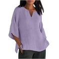 thumbnail image 1 of yoeyez Womens Cotton Linen Summer Tops 3/4 Length Sleeve Tunic Blouses Round Neck Gauze Boho Shirts Trendy Side Slit Loose Fit Clothing 2025 Purple 5XL, 1 of 5