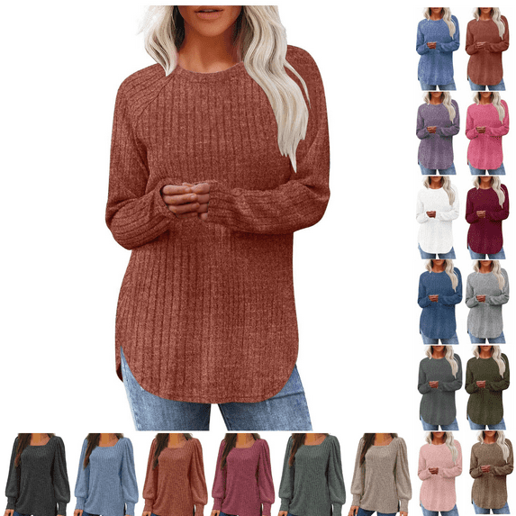 yoeyez Womens Fall Striped Knit Sweaters Lightweight Long Sleeve Shirts Crew Neck Casual Spring Tunic Tops Comfy Ribbed Knitted Blouses