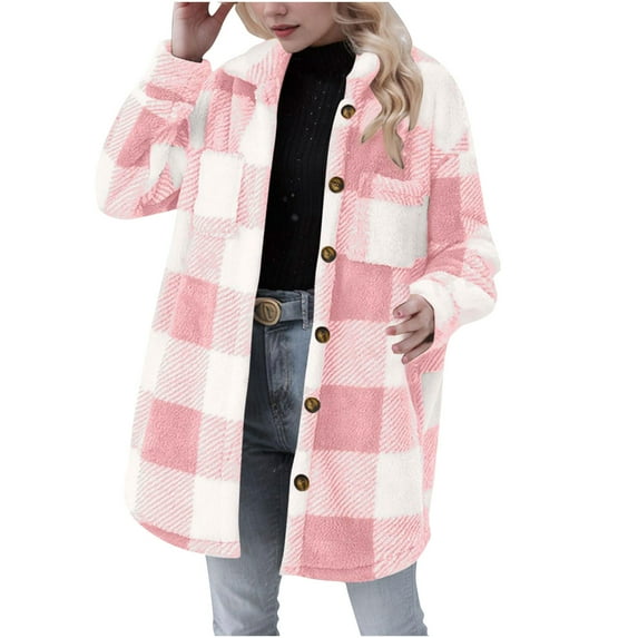 yoeyez Womens Fleece Plaid Shackets Lapel Button Down Jackets Casual Long Sleeve Sherpa Shacket Outwear Trendy Clothes Pink,M