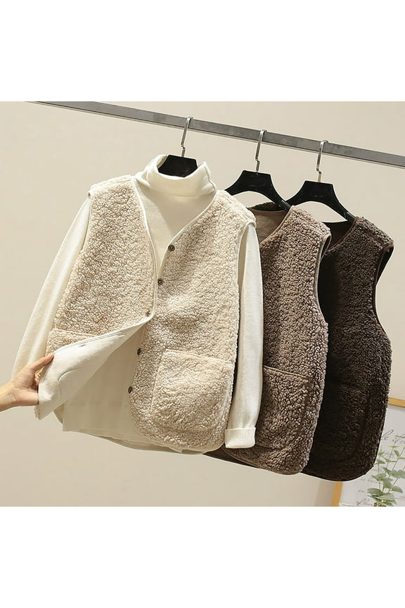 Womens Fleece Sherpa Vest Cozy Sleeveless Button Down Waistcoat Jacket Winter Vests Outerwear With Pocket Beige,S