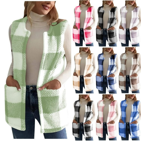 yoeyez Womens Fuzzy Fleece Vest Plaid Casual Lightweight Vest Jacket Thermal Cozy Sleeveless Long Cardigan with Pockets for Fall Winter Khaki,M