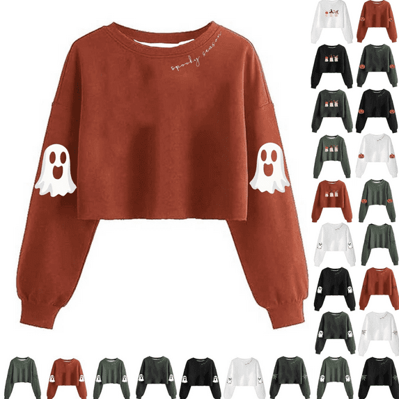 yoeyez Womens Halloween Crewneck Sweatshirt Cropped Spooky Season Sweatshirts Lantern Sleeve Fall Fashion Pullover Y2K Clothes Black,L