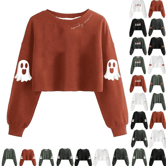 yoeyez Womens Halloween Crewneck Sweatshirt Cropped Spooky Season Sweatshirts Lantern Sleeve Fall Fashion Pullover Y2K Clothes Green,M