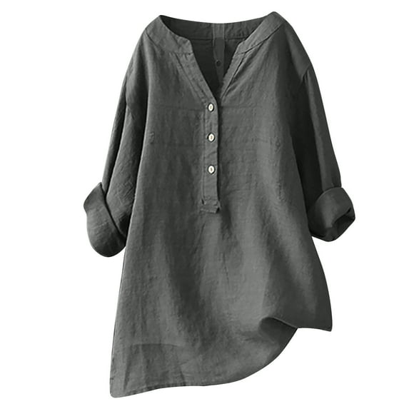 yoeyez Womens Linen Button Down Shirts Roll Up Sleeve Casual Vneck Blouses Loose Fit Solid Color Comfy Tee Summer Casual Dressy Tunic Top Gray 3XL