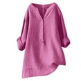 thumbnail image 1 of yoeyez Womens Linen Button Down Shirts Roll Up Sleeve Casual Vneck Blouses Loose Fit Solid Color Comfy Tee Summer Casual Dressy Tunic Top Hot Pink 5XL, 1 of 6