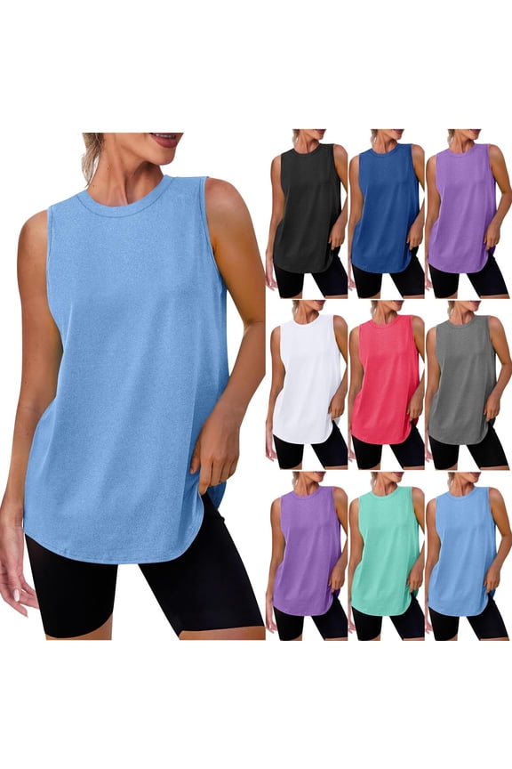 Womens Long Tunic Tank to Wear with Leggings Summer Casual Sleeveless T-Shirts Loose Cured Hem Plain Workout Tank Tops Dark Blue,S