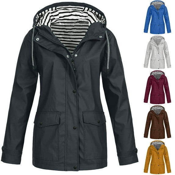 yoeyez Womens Long Waterproof Raincoat Long Sleeve Lightweight Plus Size Rain Jackets Buttons Zip Up Ski-Wear Trench Coat Outdoor Windbreaker Light Blue,M