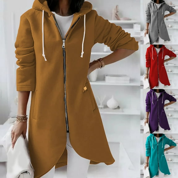 yoeyez Womens Long Zip Up Hoodie Long Sleeve Hooded Sweatshirt Casual Fleece Drawstring Jacket Open Front Tunic Jacket with Pockets Coffee,L