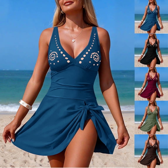 yoeyez Womens One Piece Swimsuits Tummy Control Bathing Suit Ruched Tie Knot Skirt Swim Dress Modest Sports Swimsuit Set Swimwear Army Green,S