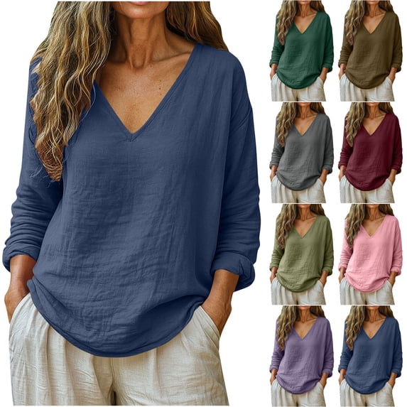 yoeyez Womens Oversized Tshirts Loose V Neck Long Sleeve Tops Solid Color Cotton Linen T-Shirts Summer Lightweight Beach Coverups Shirts Purple,XL