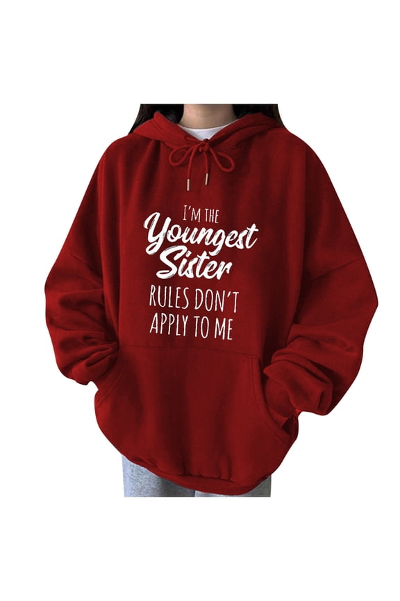 Womens Overtsize Fashion Hoodies Letter Print Drawstring Hooded Sweatshirts Long Sleeve Graphic Pullover Tops With Pocket Prime and Day 2025 Red L