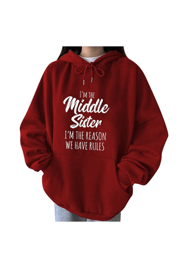 Womens Overtsize Fashion Hoodies Letter Print Drawstring Hooded Sweatshirts Long Sleeve Graphic Pullover Tops With Pockets Red XXL