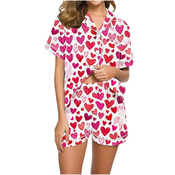 yoeyez Womens Pajama Silk Satin Pajamas Set Love Heart Printed Sleepwear 2 Piece Sets Button Down Short Sleeve Tops and Shorts Pjs Set Loungewear Hot Pink S
