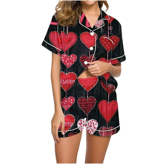 yoeyez Womens Pajama Silk Satin Pajamas Set Love Heart Printed Sleepwear 2 Piece Sets Button Down Short Sleeve Tops and Shorts Pjs Set Loungewear Black XL