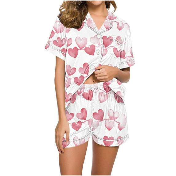 yoeyez Womens Pajama Silk Satin Pajamas Set Love Heart Printed Sleepwear 2 Piece Sets Button Down Short Sleeve Tops and Shorts Pjs Set Loungewear Pink S