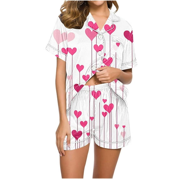 yoeyez Womens Pajama Silk Satin Pajamas Set Love Heart Printed Sleepwear 2 Piece Sets Button Down Short Sleeve Tops and Shorts Pjs Set Loungewear White L