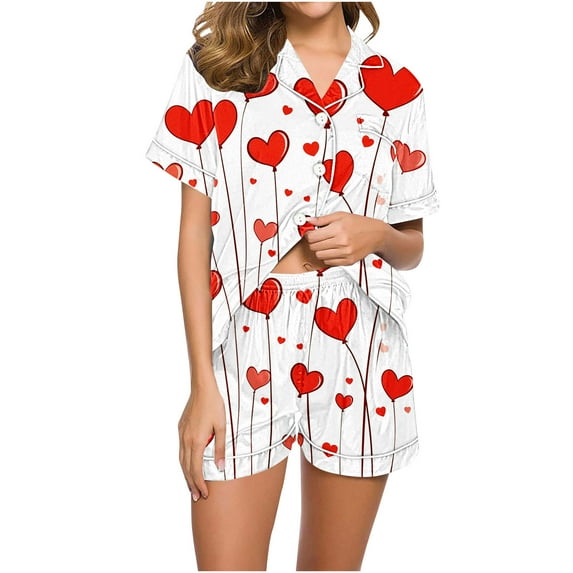 yoeyez Womens Pajama Silk Satin Pajamas Set Love Heart Printed Sleepwear 2 Piece Sets Button Down Short Sleeve Tops and Shorts Pjs Set Loungewear White L