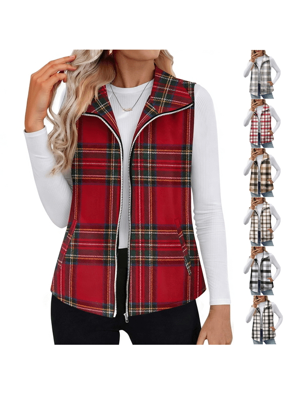 Womens Plaid Outerwear Vests Tops Zip Up Collared Sleeveless Jacket with Pockects Fall Winter Cozy Warm Waistcoat Tops Red,L