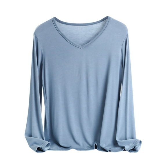 yoeyez Womens Plus Size T Shirts V Neck Long Sleeve Tshirt Solid Color Basic Tee Casual Loose Fashion Tops Spring Underscrubs Light Blue XXL