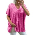 thumbnail image 1 of yoeyez Womens Plus Size Tops Short Sleeve V Neck Casual Tunics T-Shirt Loose Fits Basic Sequin Blouse Ladies Evening Sparkle Shimmer Shirt Hot Pink XL, 1 of 5