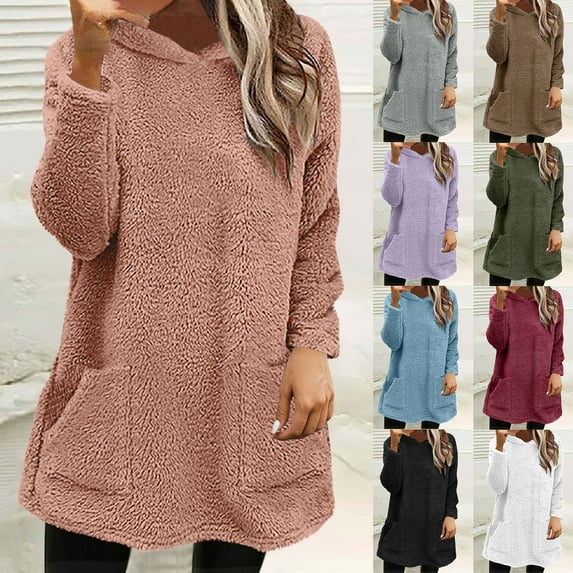 yoeyez Womens Plush Hoodies Casual Snuggly Sherpa Hooded Pullover Long Sleeve Tunics Tops Winter Warm Cozy Soft Loungewear with Pocket Blue,L