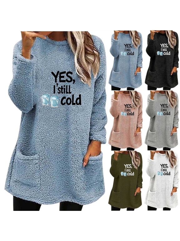 Womens Plush Tops Winter Fuzzy Fleece Pullover Crewneck Long Sleeve Tunic Warm Cozy Fluffy Pajama Loungewear Top with Pockets Gray,S