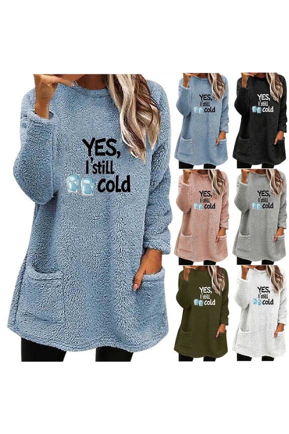 Womens Plush Tops Winter Fuzzy Fleece Pullover Crewneck Long Sleeve Tunic Warm Cozy Fluffy Pajama Loungewear Top with Pockets Light Blue,S