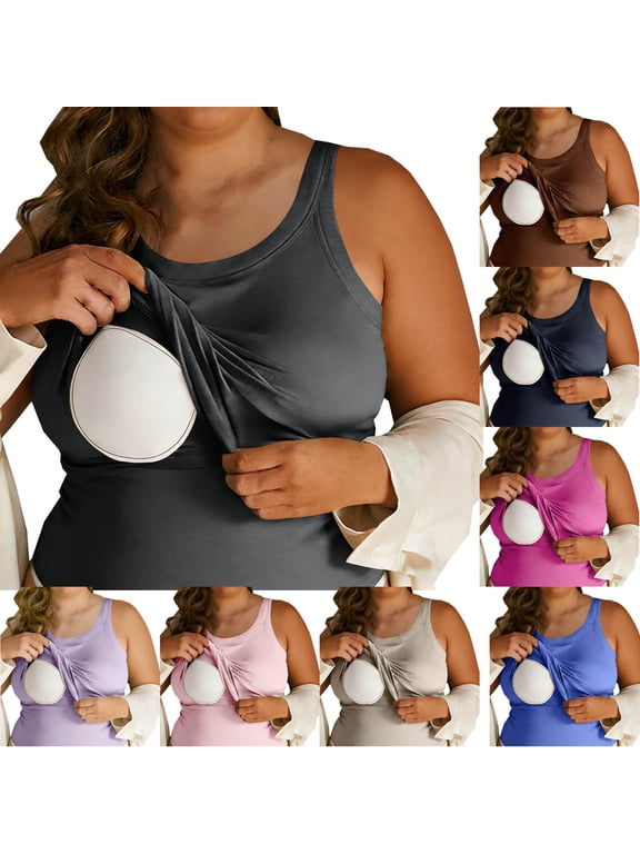 Womens Ribbed Tank Tops with Built in Bras Plus Size Slim Sleeveless Sleep Shirts Round Neck Comfy Cami Tops Home Underwear Dark Gray,XXL